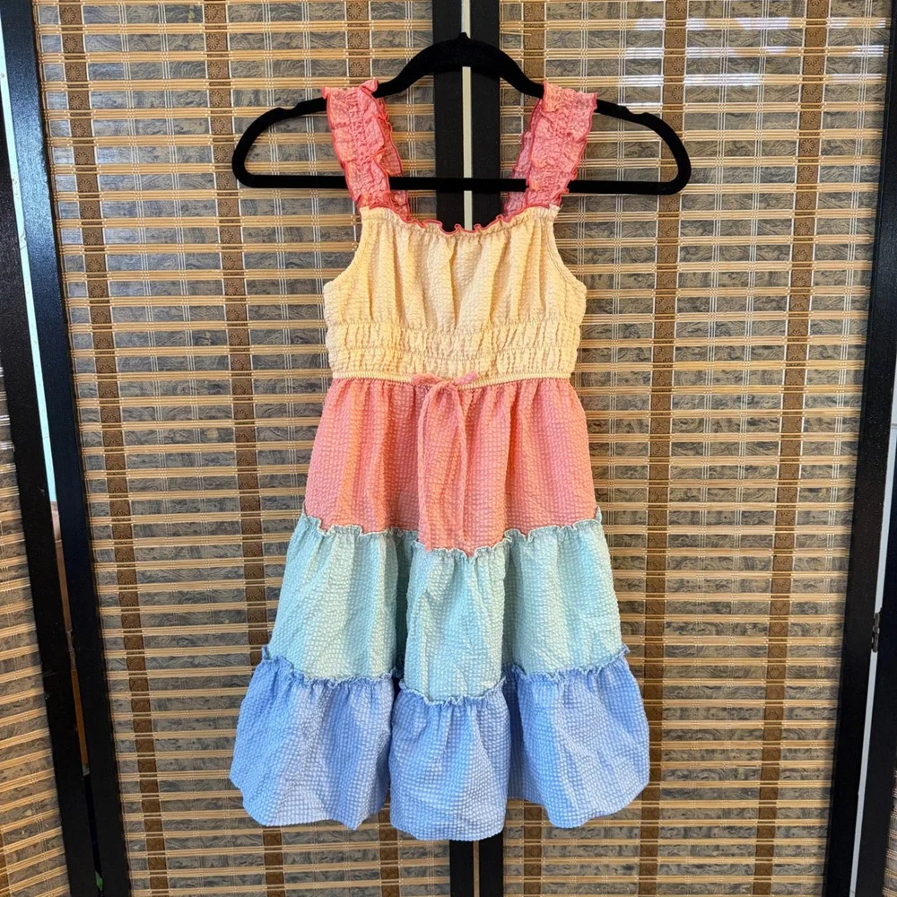 Jona Michelle Tiered Colorblock Dress Kids Size 7 Pastel Rainbow Smocked Summer